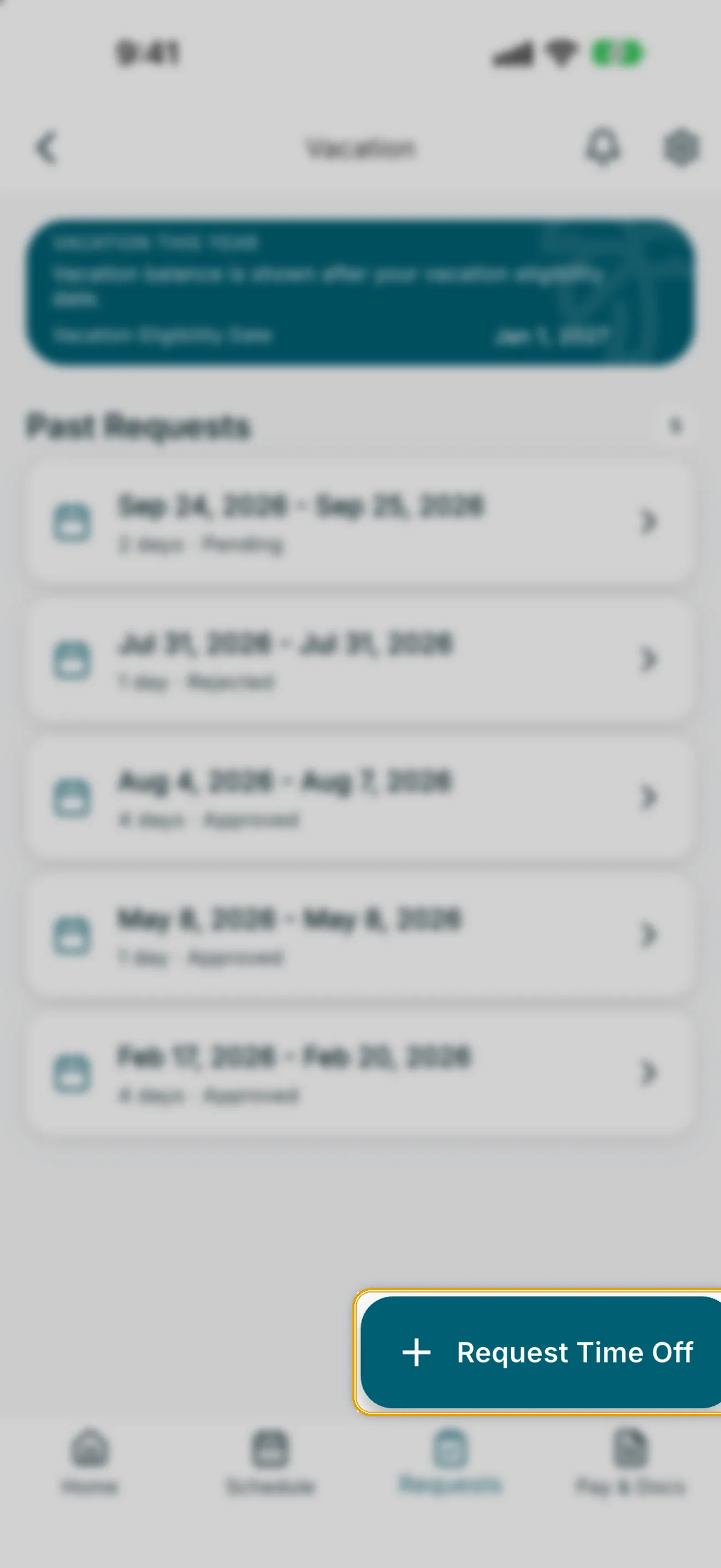 Vacation screen with Request Time Off button highlighted