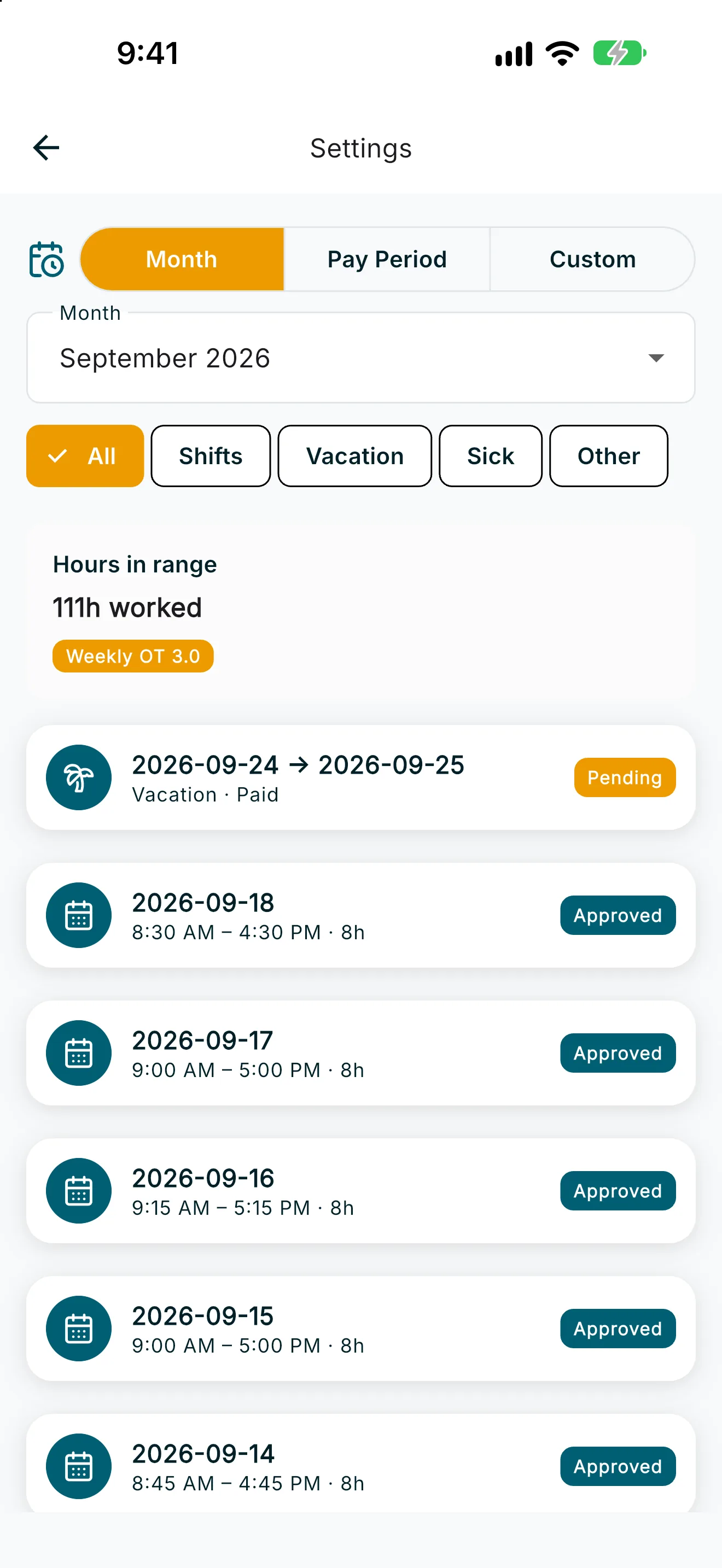 Work Log showing hours in range and a list of vacation and approved shifts