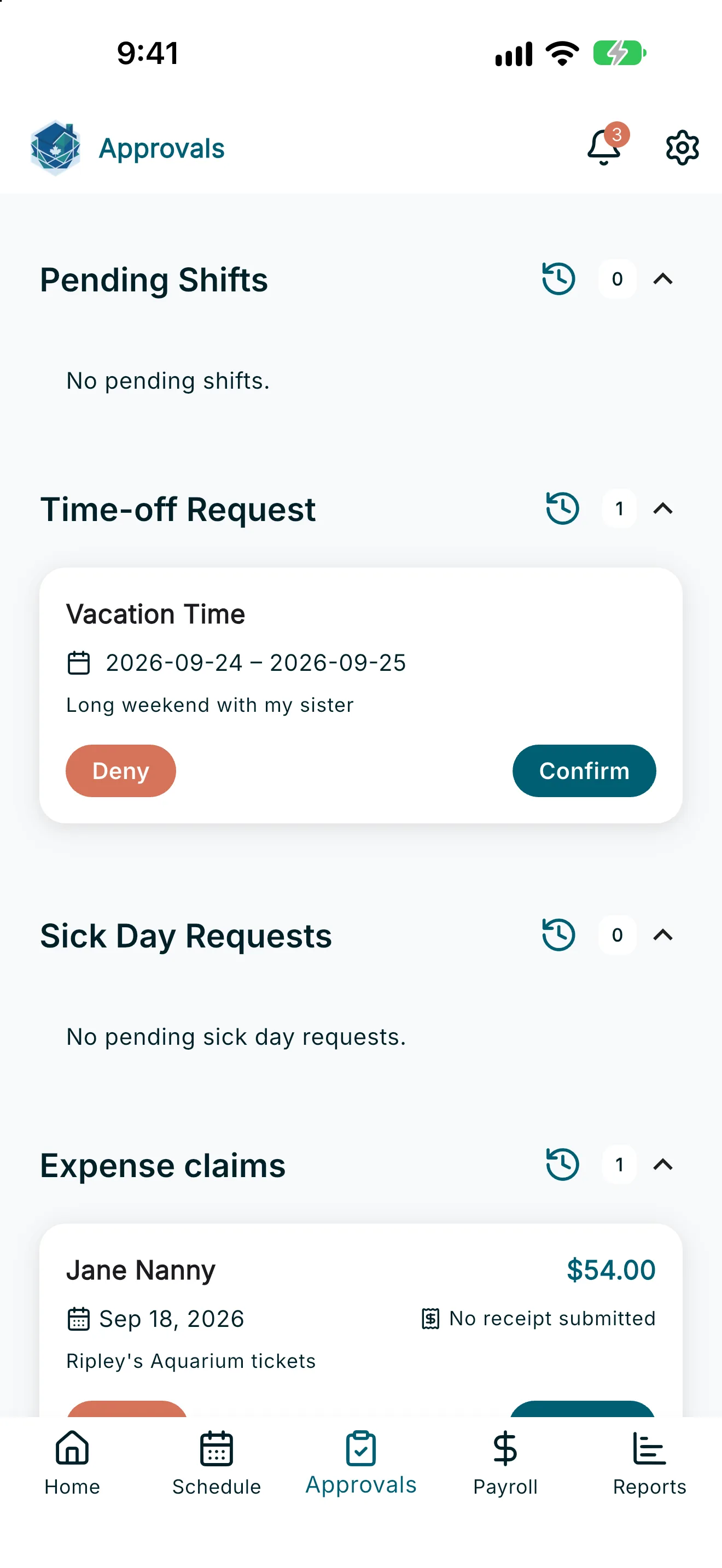 Approvals screen showing time-off and expense claim sections