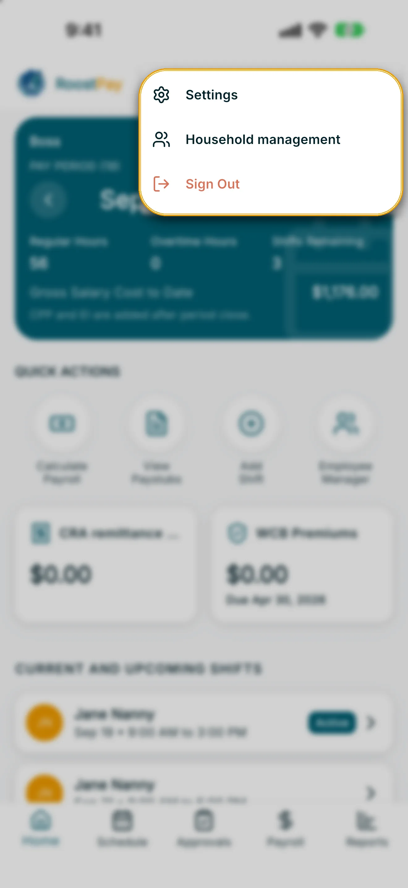 Employer Home with the header gear menu open showing Settings and Sign Out