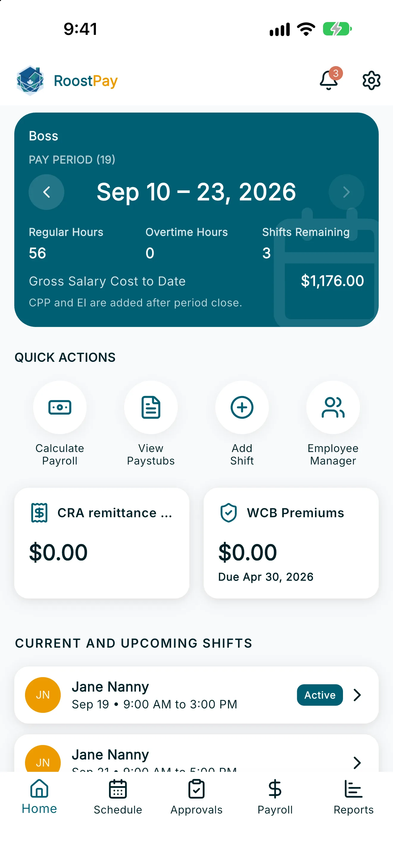 Employer Home dashboard showing pay period card, quick actions, and upcoming shifts