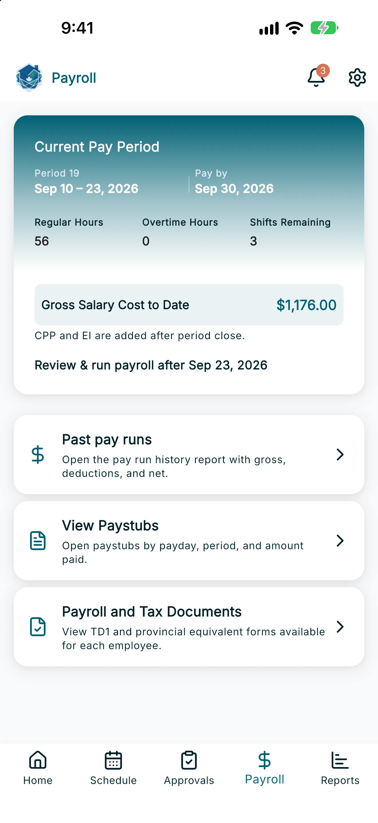 Payroll hub showing current pay period, past pay runs, and document shortcuts