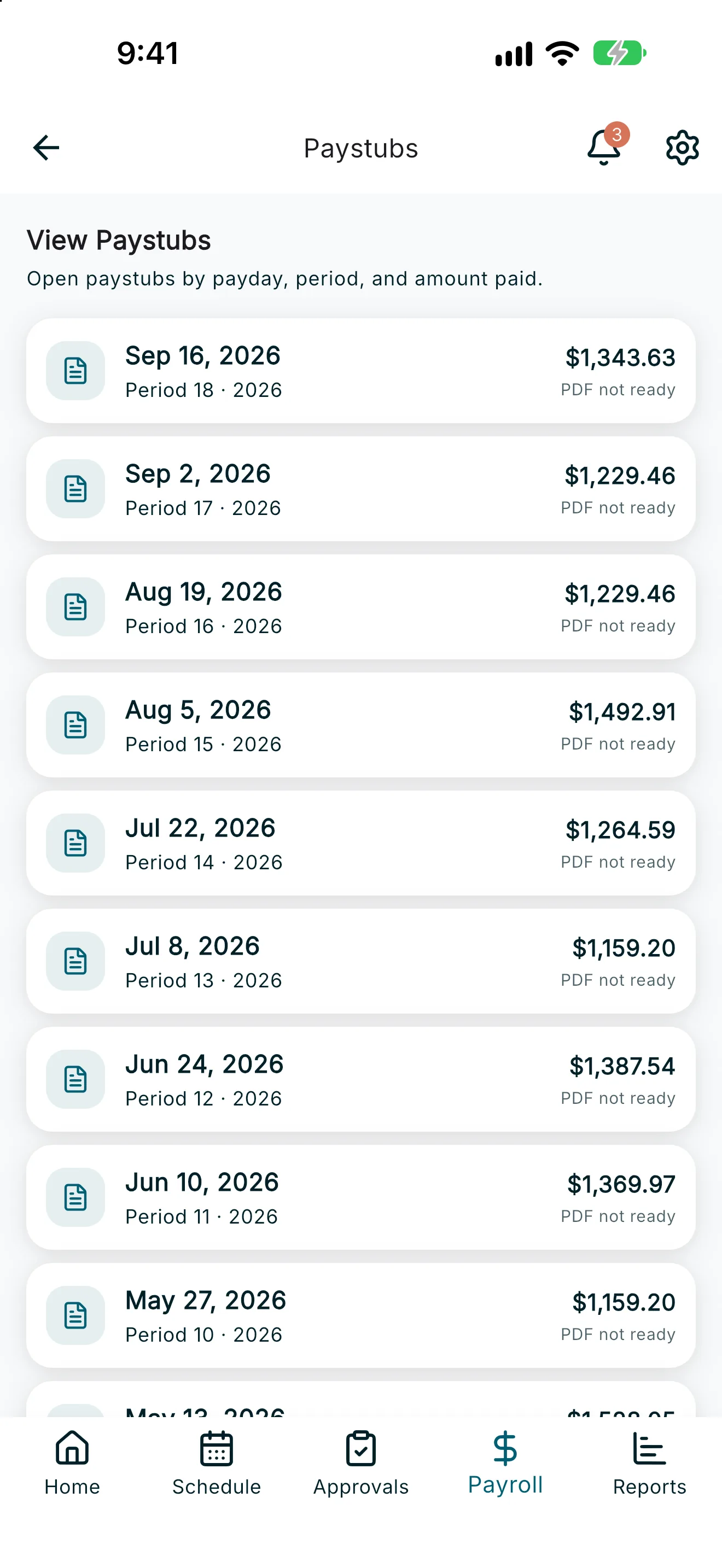 Paystubs list showing payday, period, amount, and PDF status