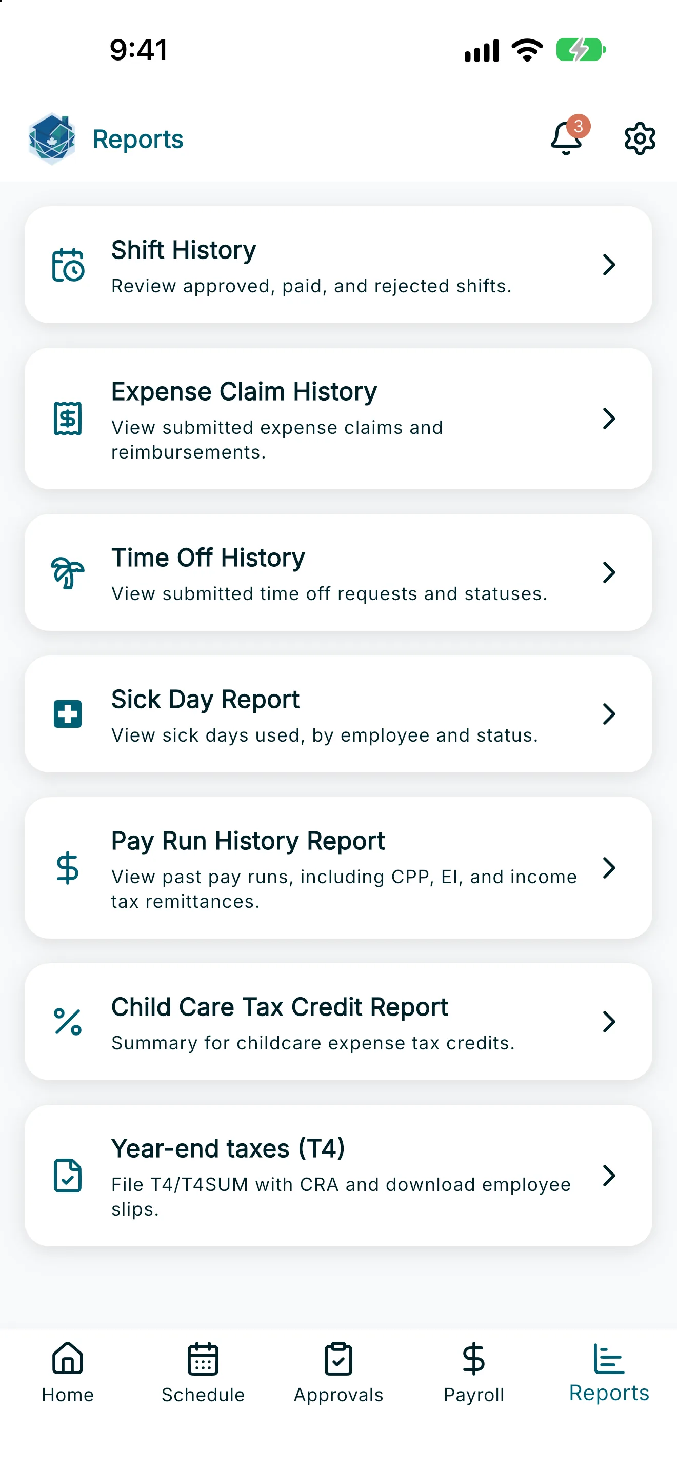 Reports hub listing Shift History, Expense Claim History, Time Off, Sick Day, Pay Run, T778, and Year-end taxes