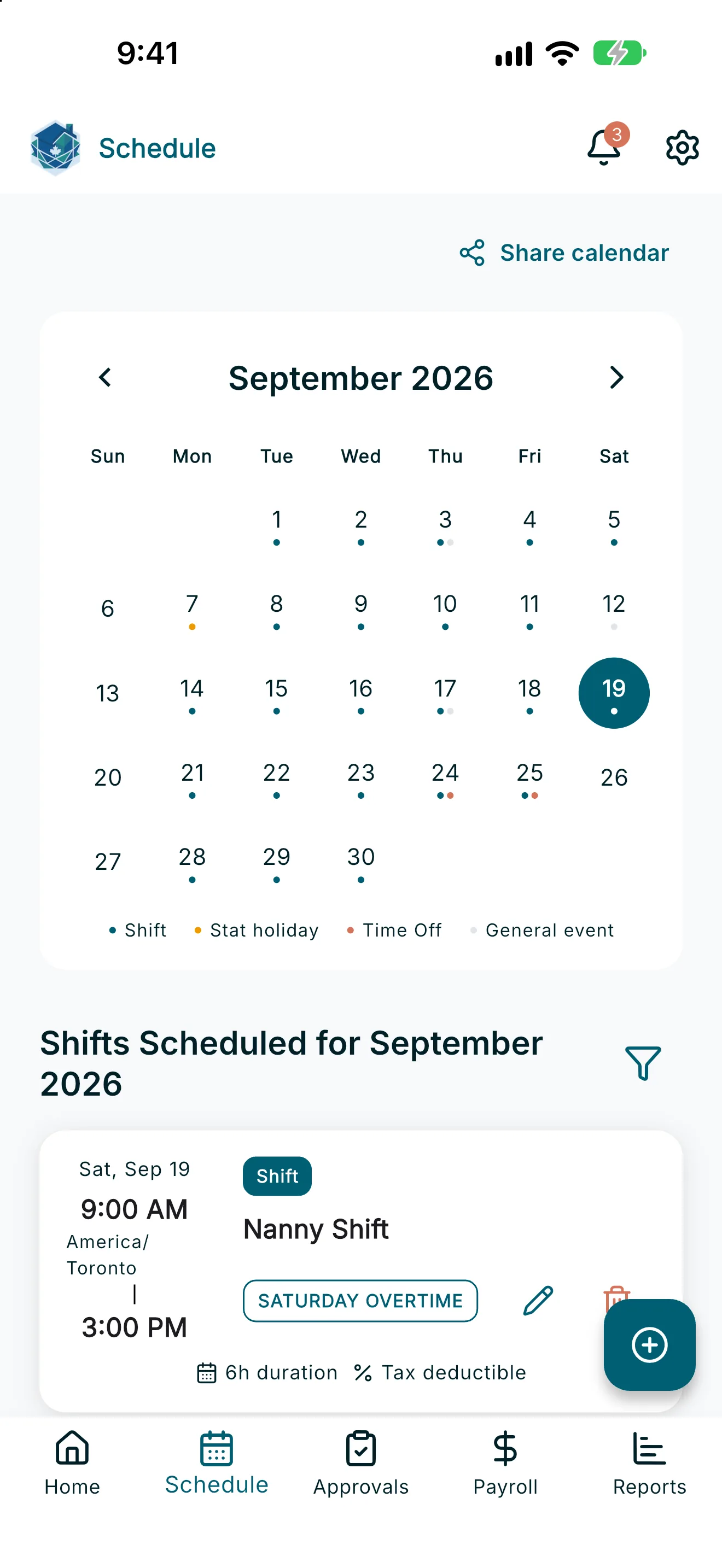 Employer Schedule screen with monthly calendar and shift list
