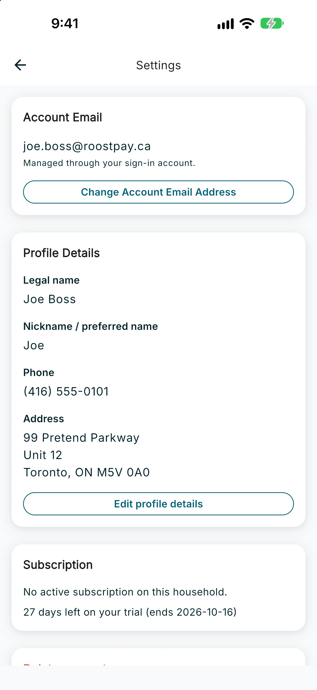 Account settings showing account email and profile details
