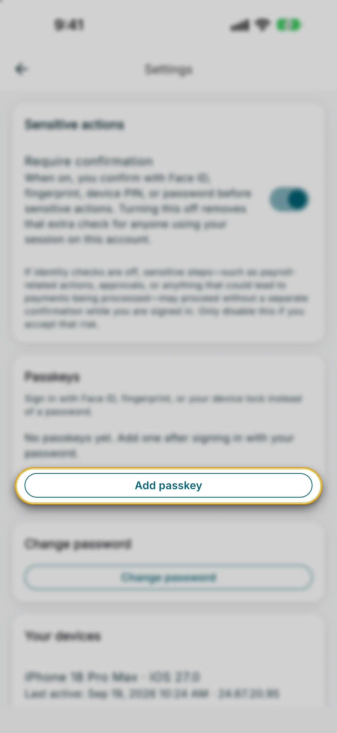 Security settings with the Add passkey button highlighted