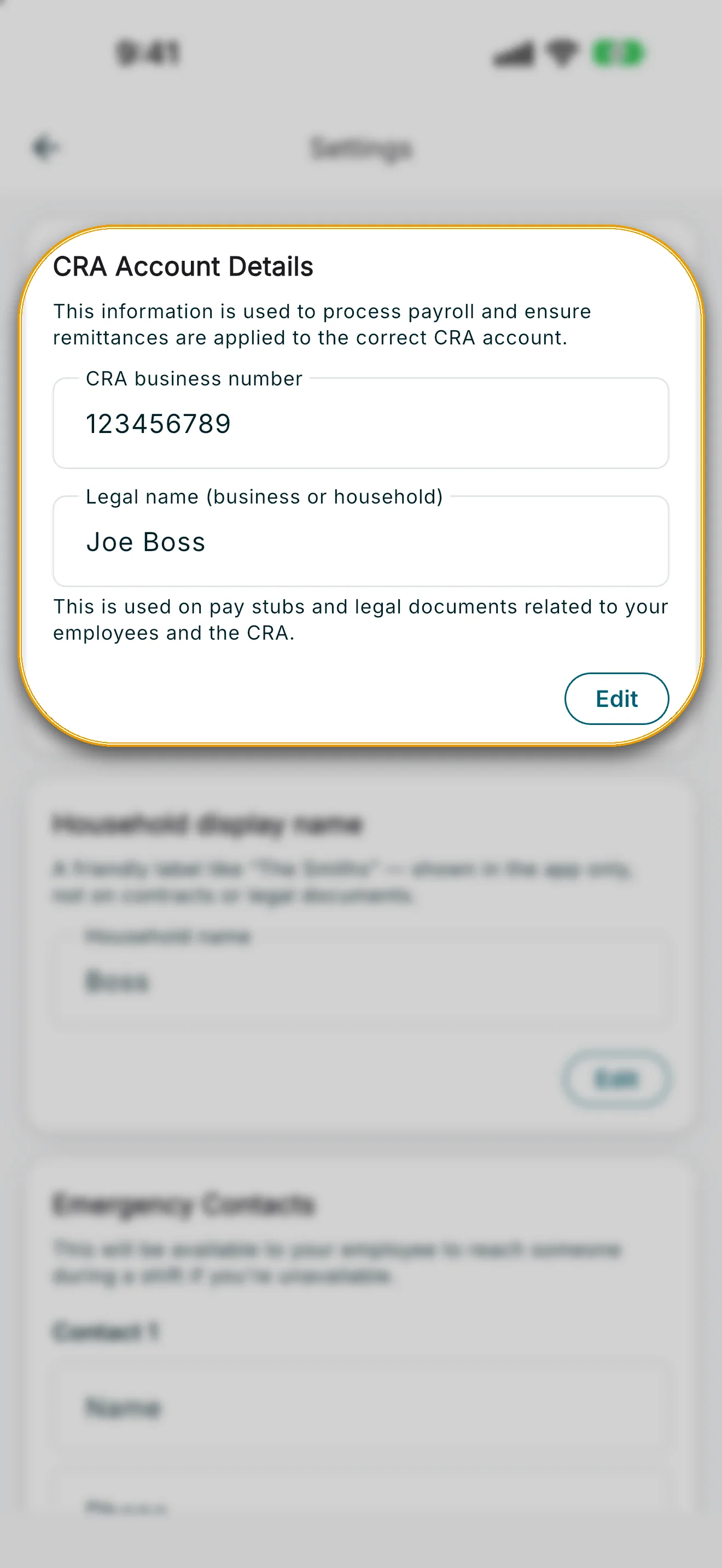 Household settings with the CRA Account Details card highlighted