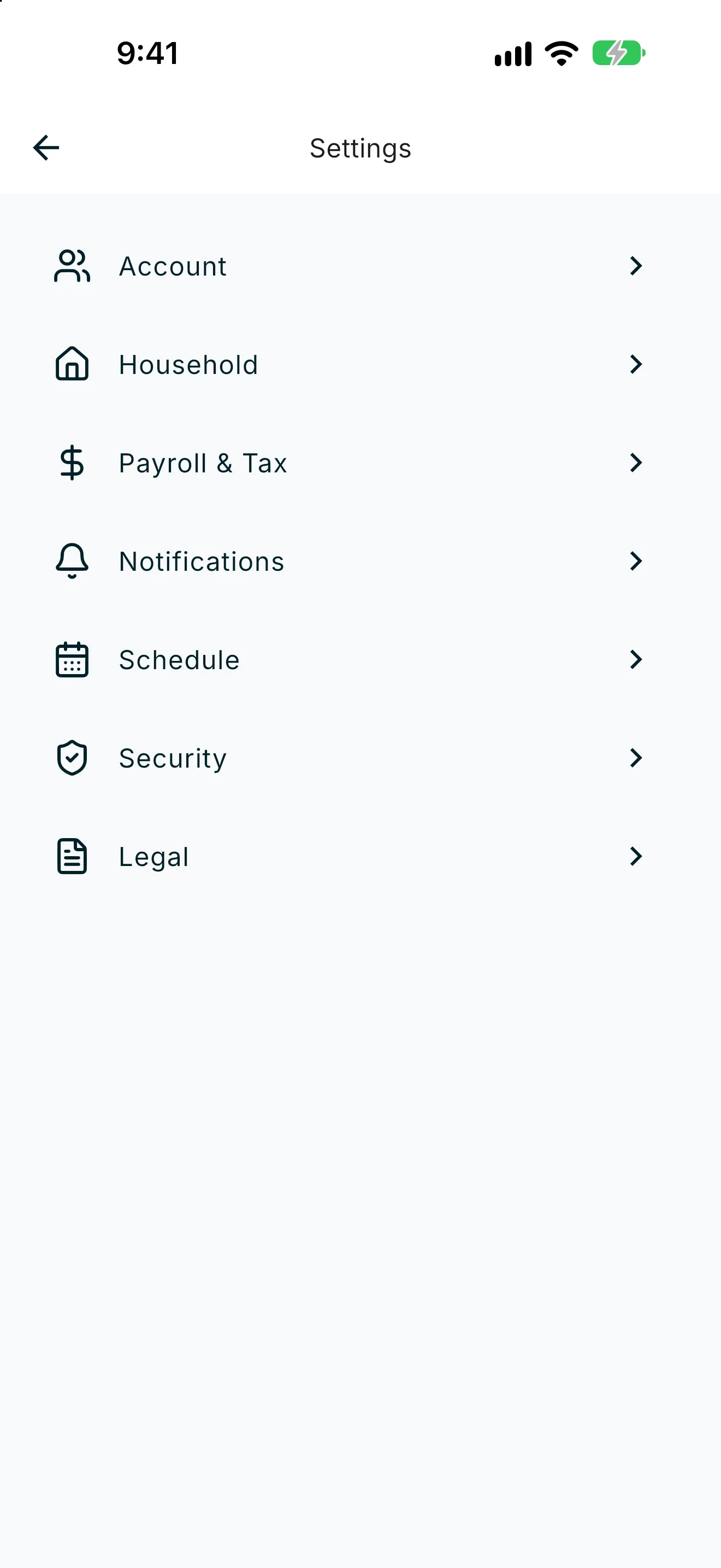 Settings hub listing Account, Household, Payroll and Tax, Notifications, Schedule, Security, and Legal