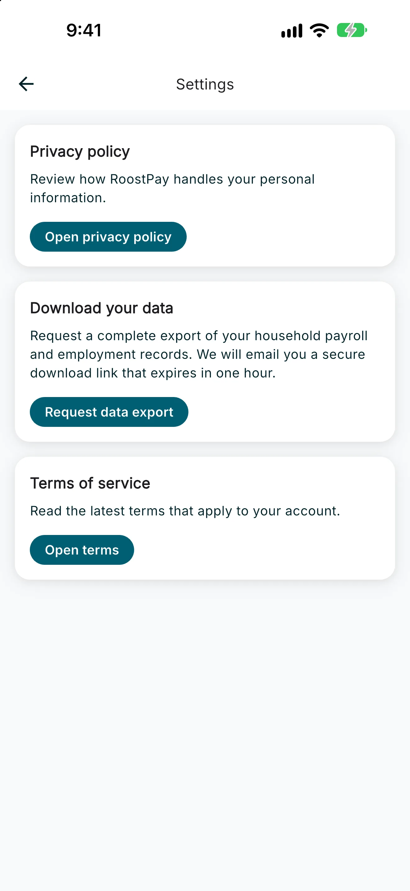Legal settings with privacy policy, terms, and data export options