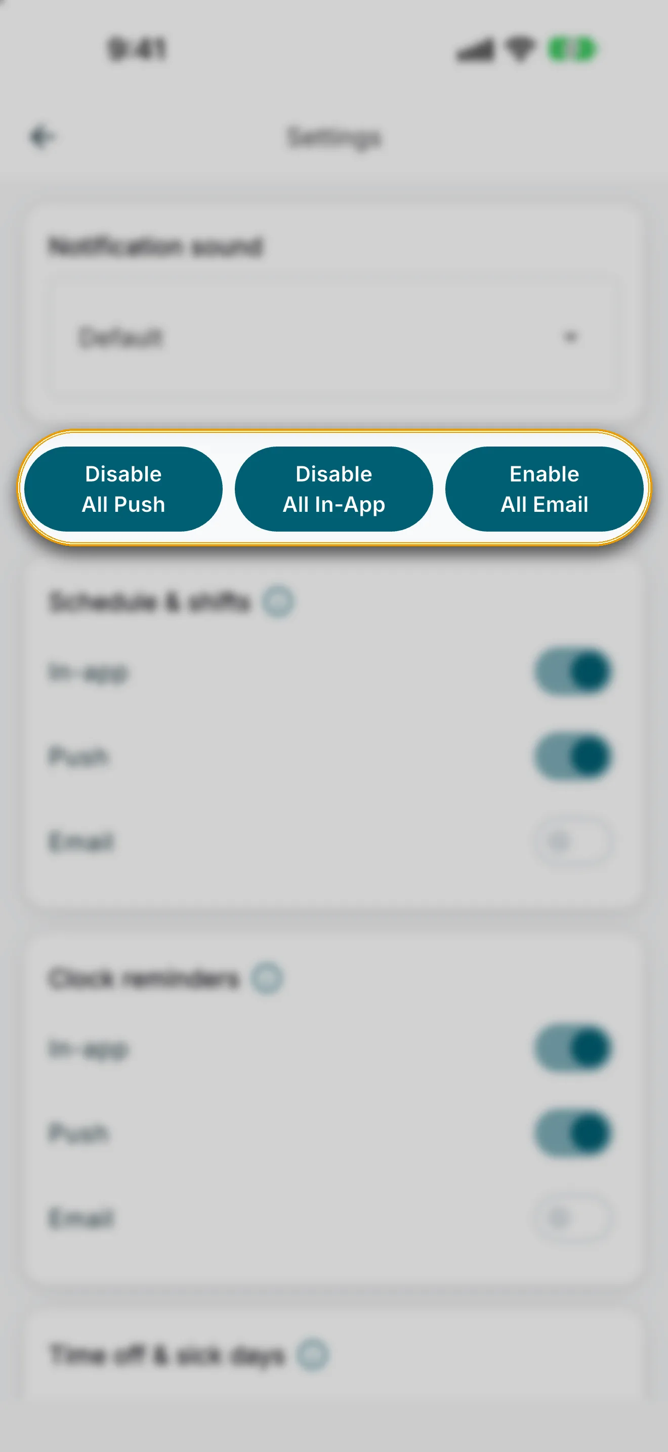 Notification settings with bulk Disable and Enable channel chips highlighted