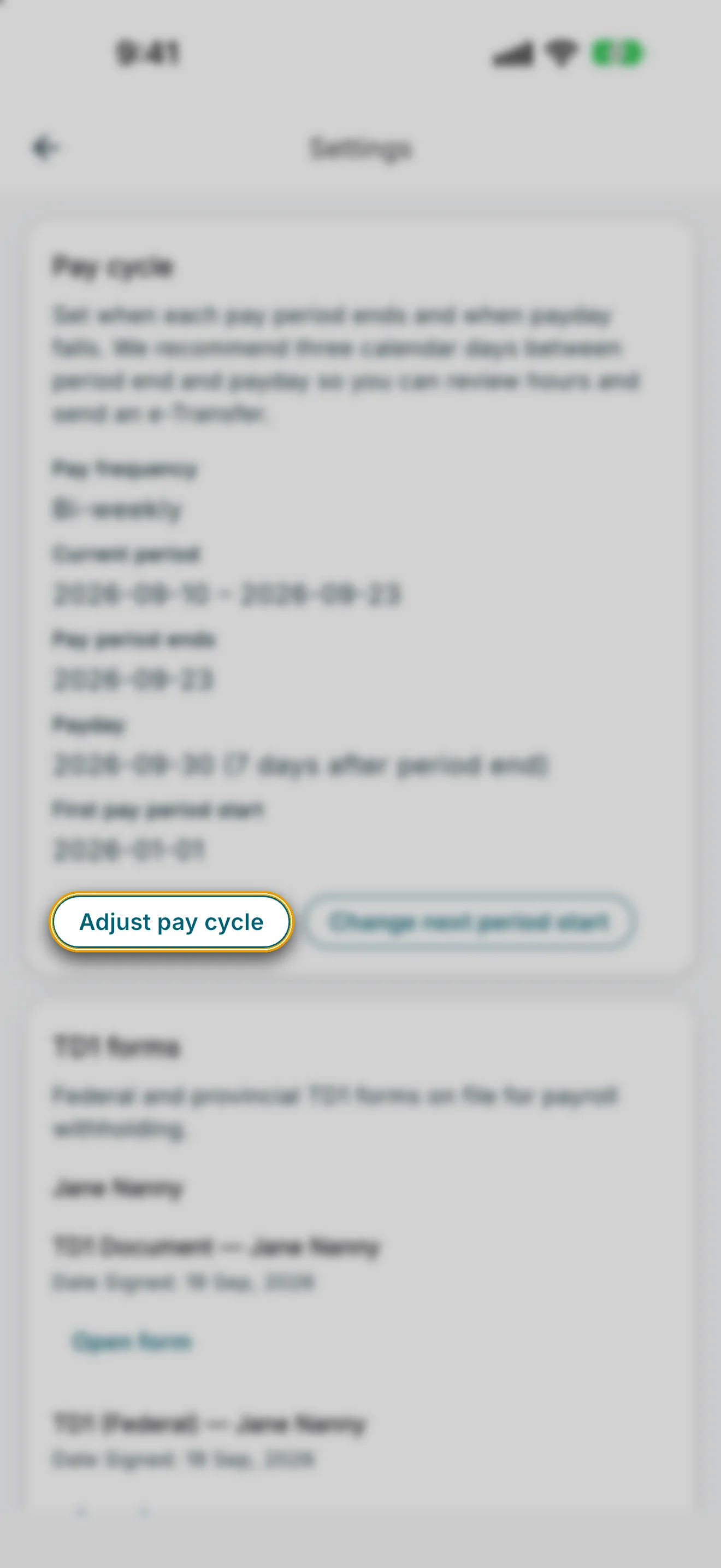 Payroll and Tax settings with Adjust pay cycle highlighted