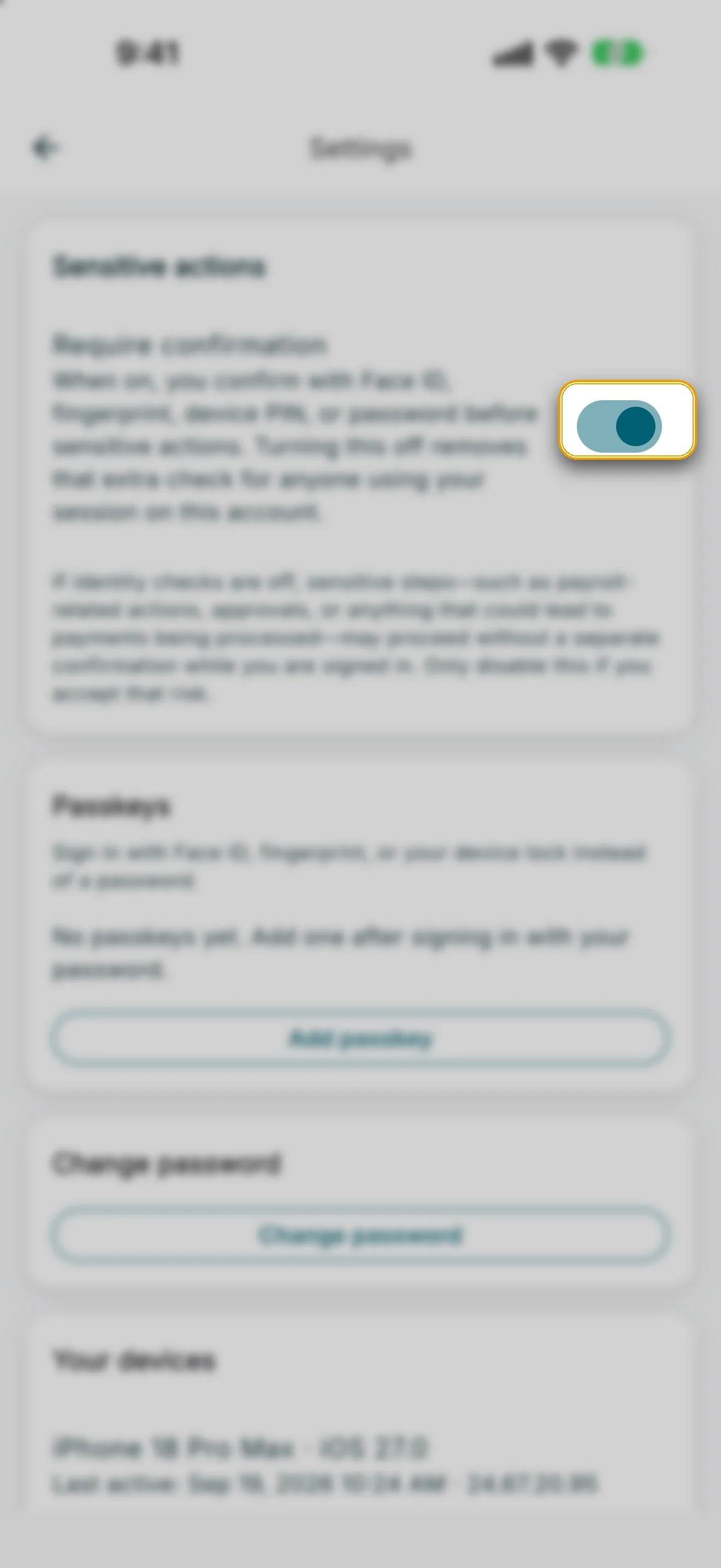 Security settings with the Require confirmation toggle highlighted