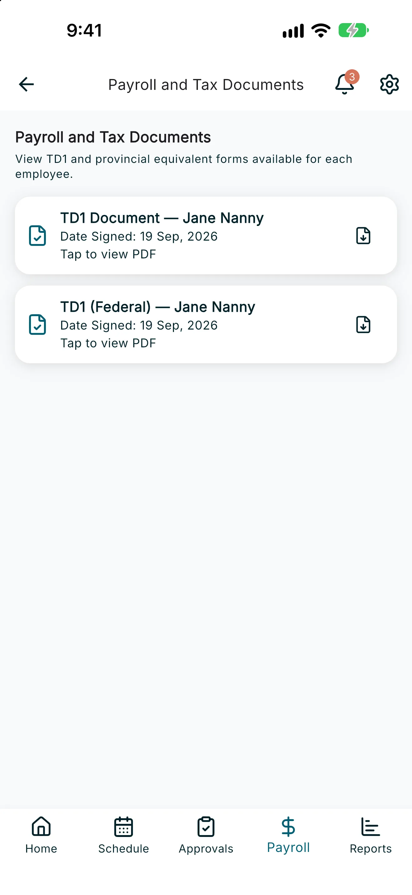 Payroll and Tax Documents screen listing TD1 forms for an employee
