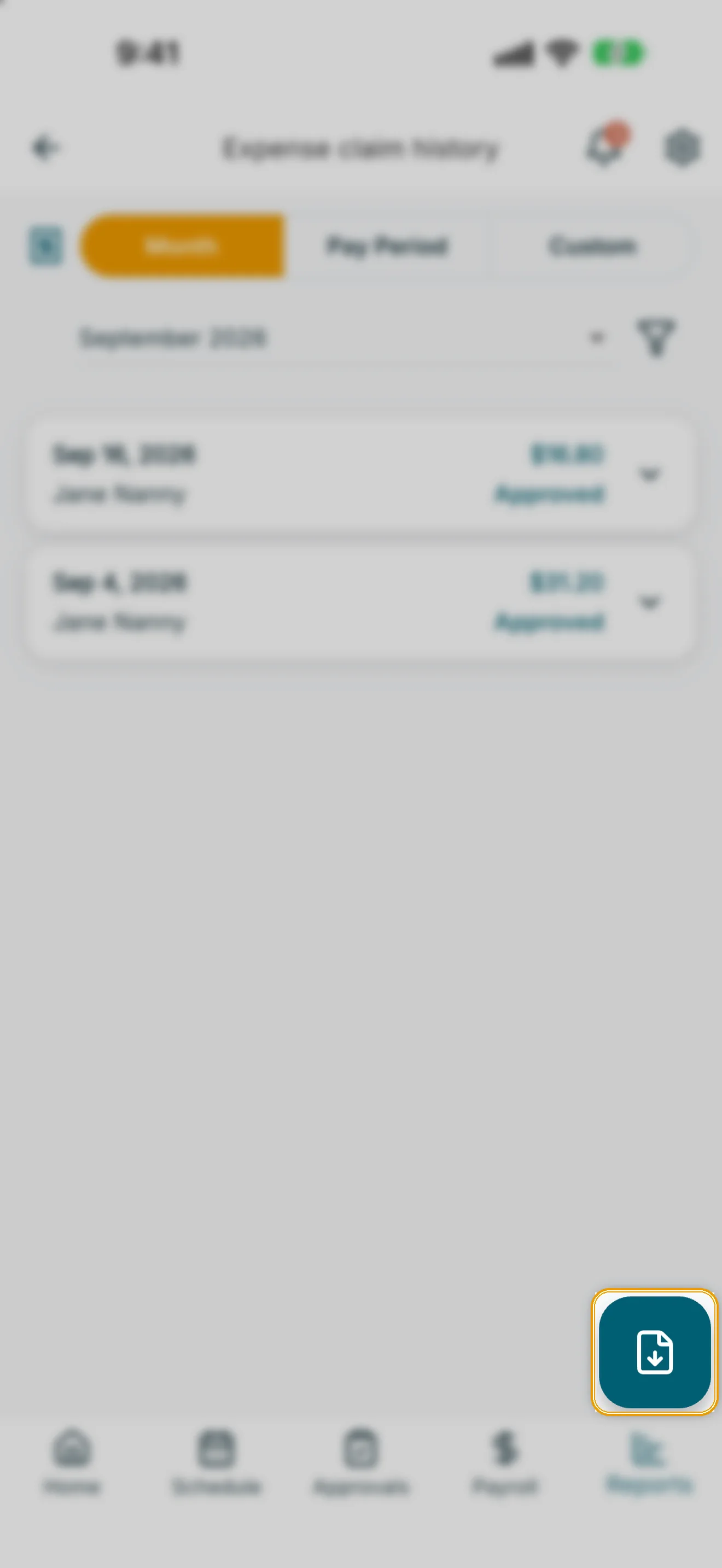 Expense Claim History report with the export PDF button highlighted