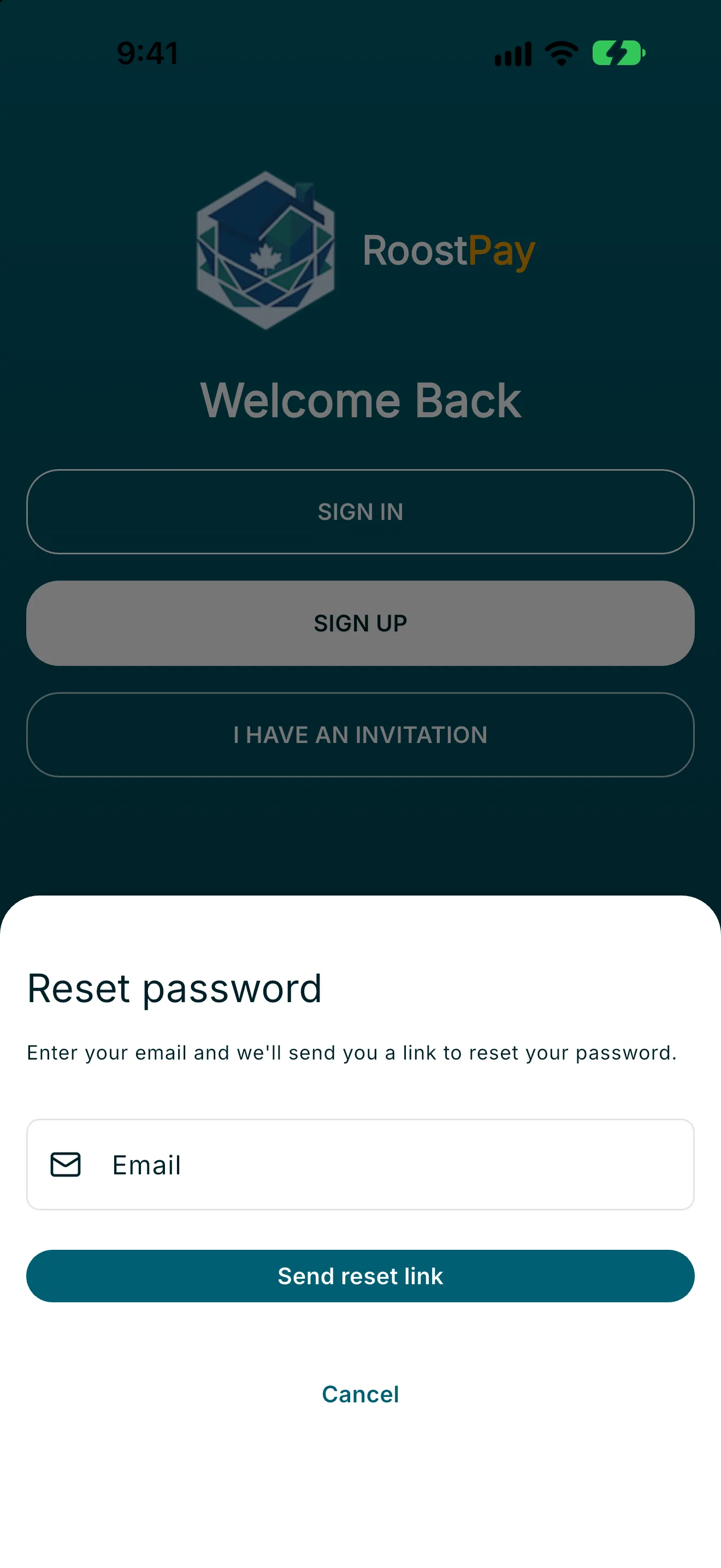 Reset password screen with email field and Send reset link button