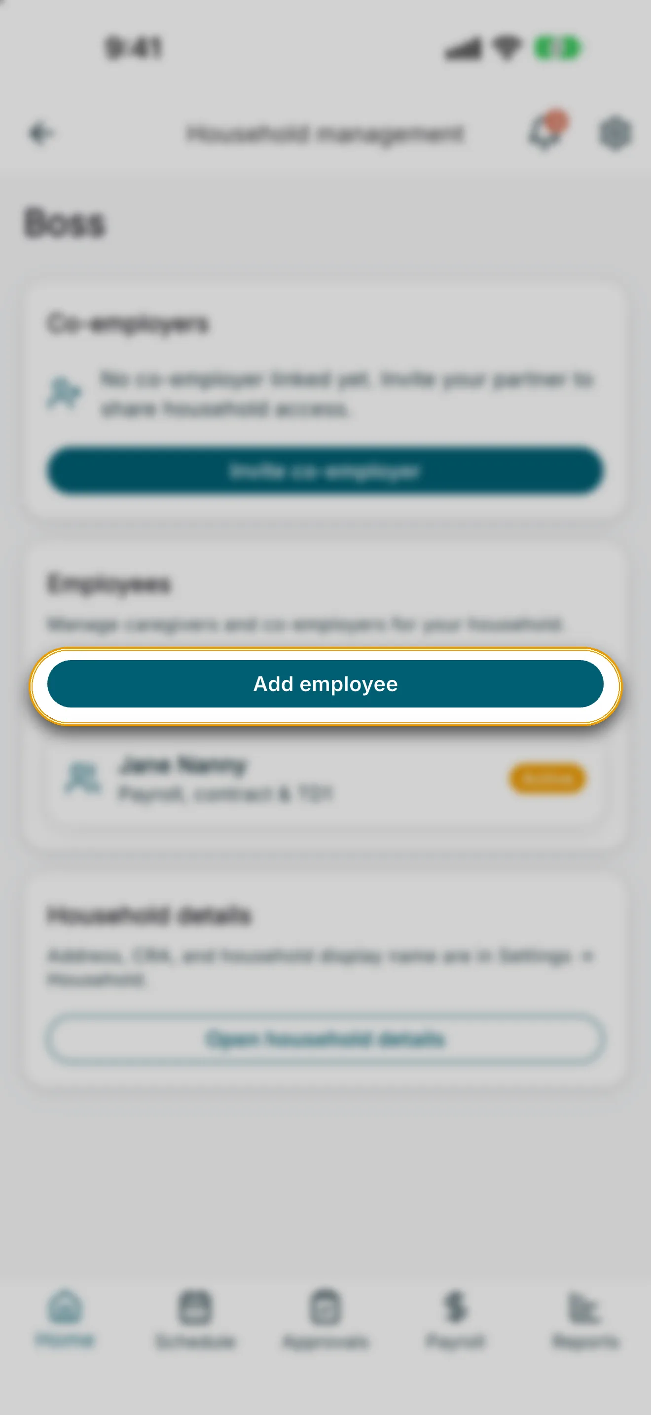 Household management with the Add employee button highlighted
