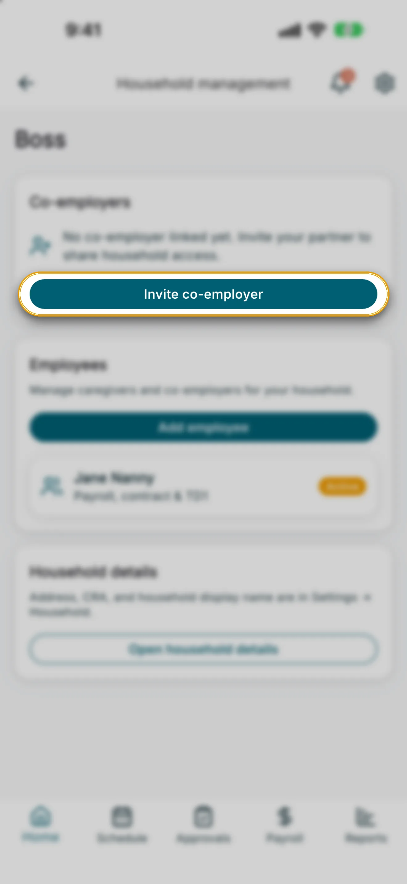 Household management with the Invite co-employer button highlighted