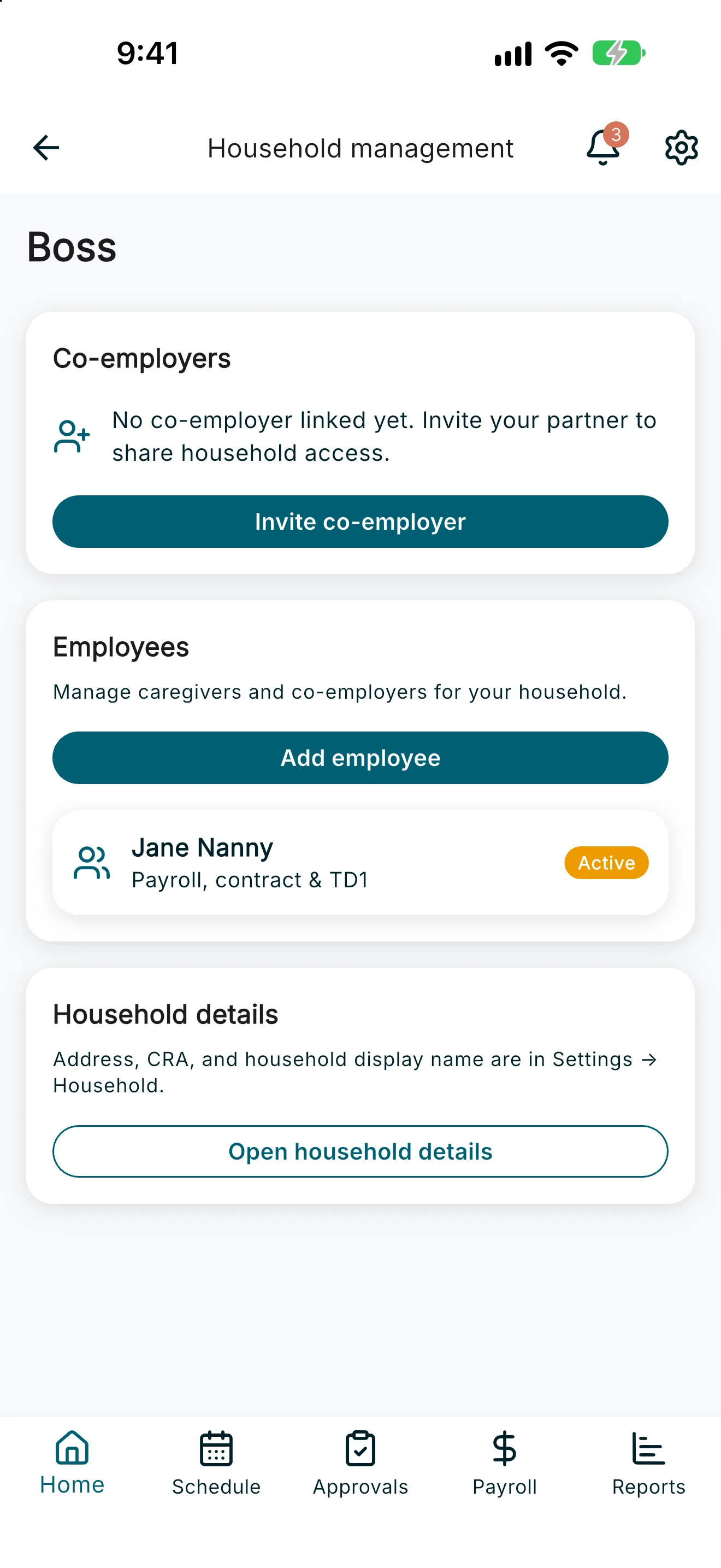 Household management screen showing Co-employers, Employees, and Household details sections