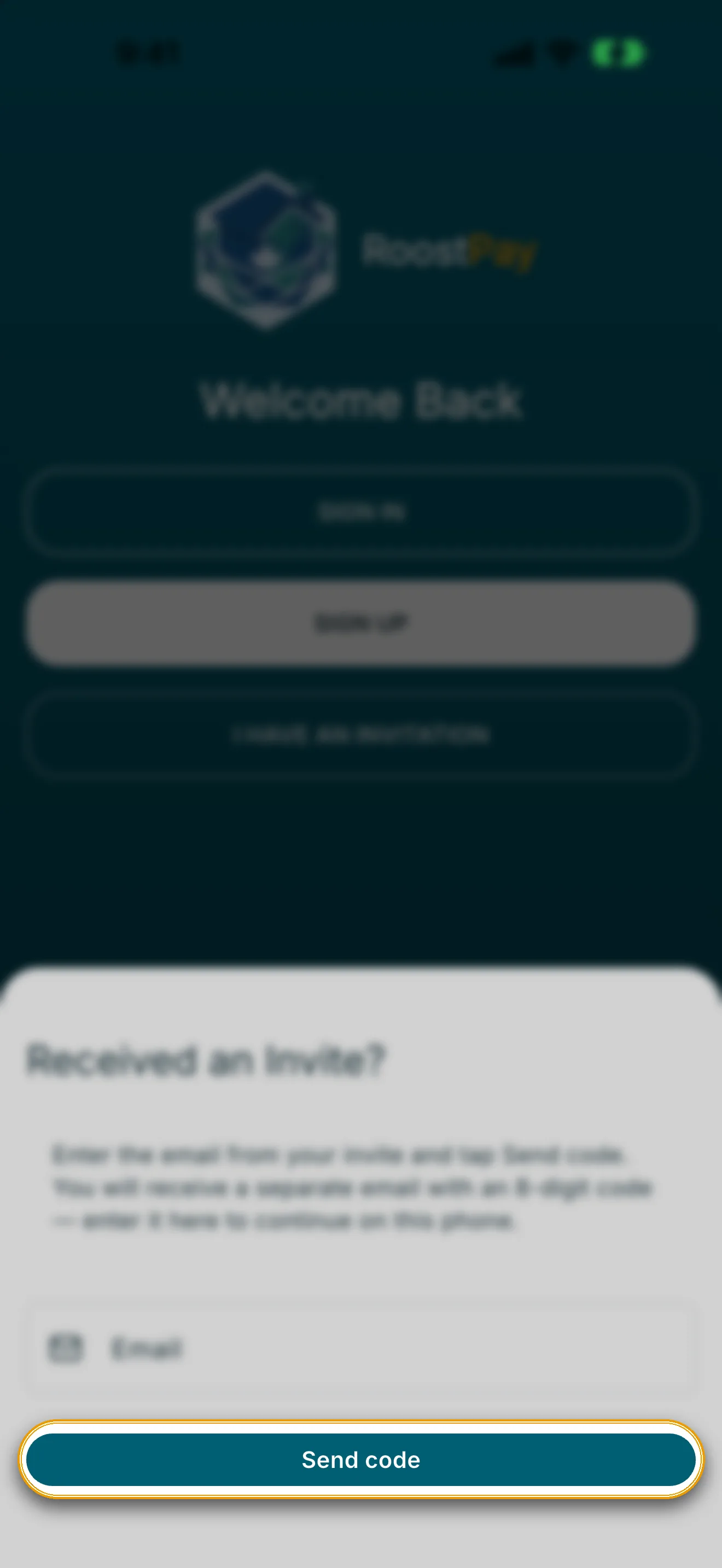 Received an Invite sheet with Send code button highlighted