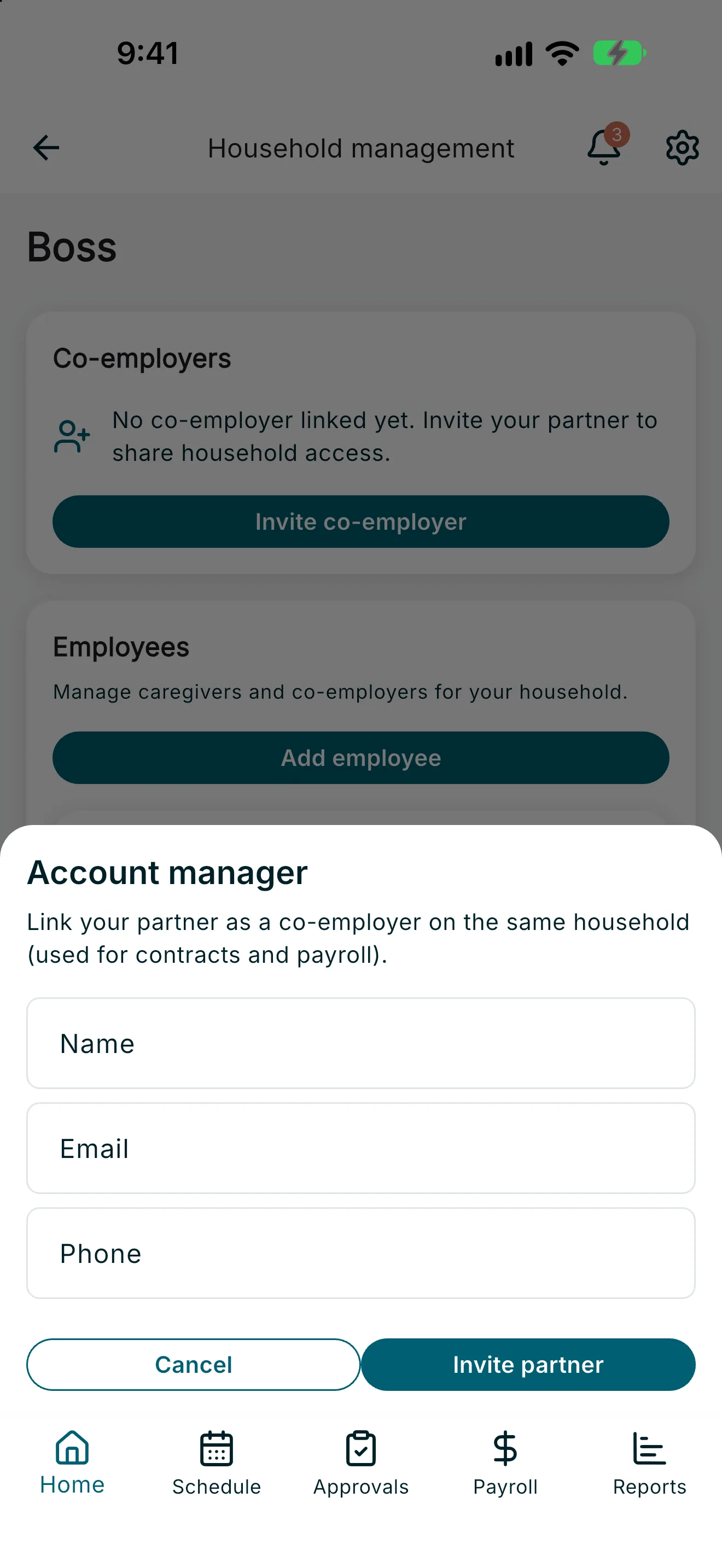Invite co-employer form with name and email fields