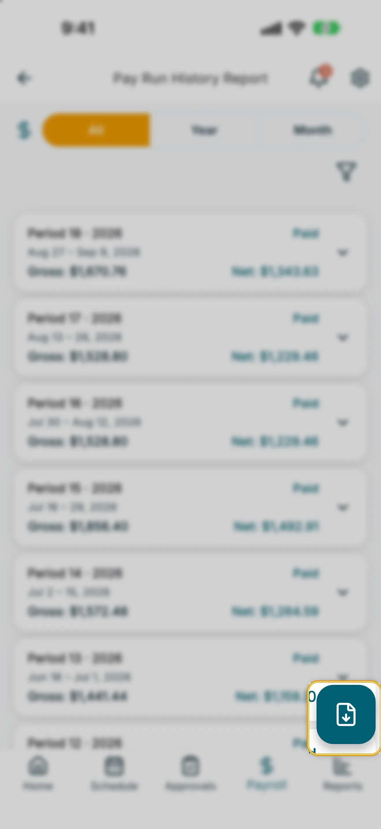 Pay Run History report with the export PDF button highlighted
