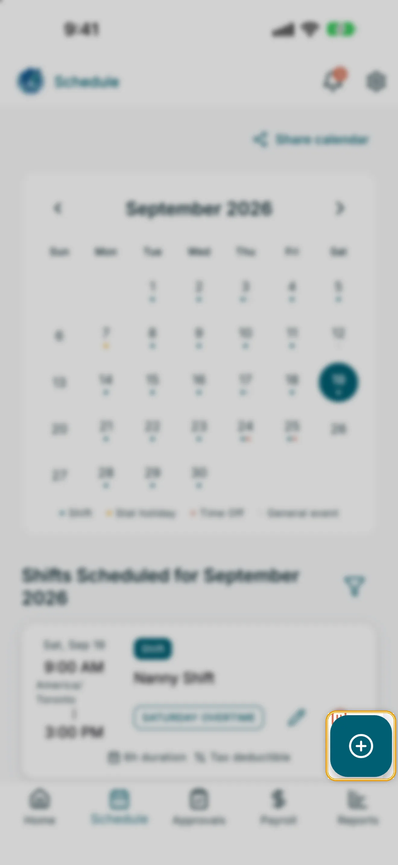 Schedule screen with the plus floating action button highlighted