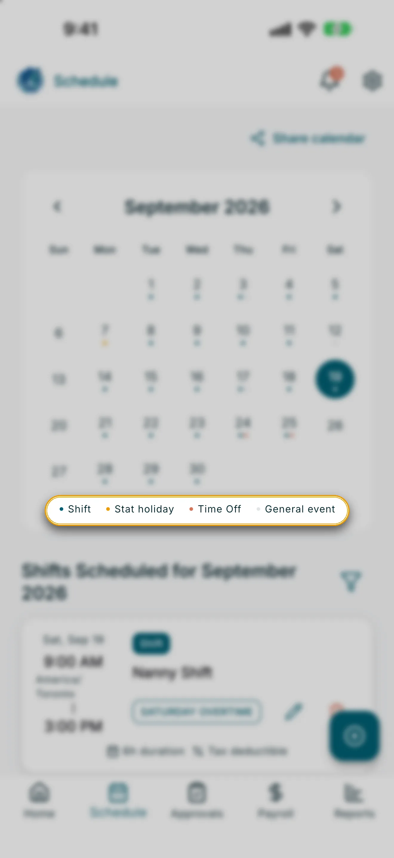 Schedule calendar with the color-dot legend boxed