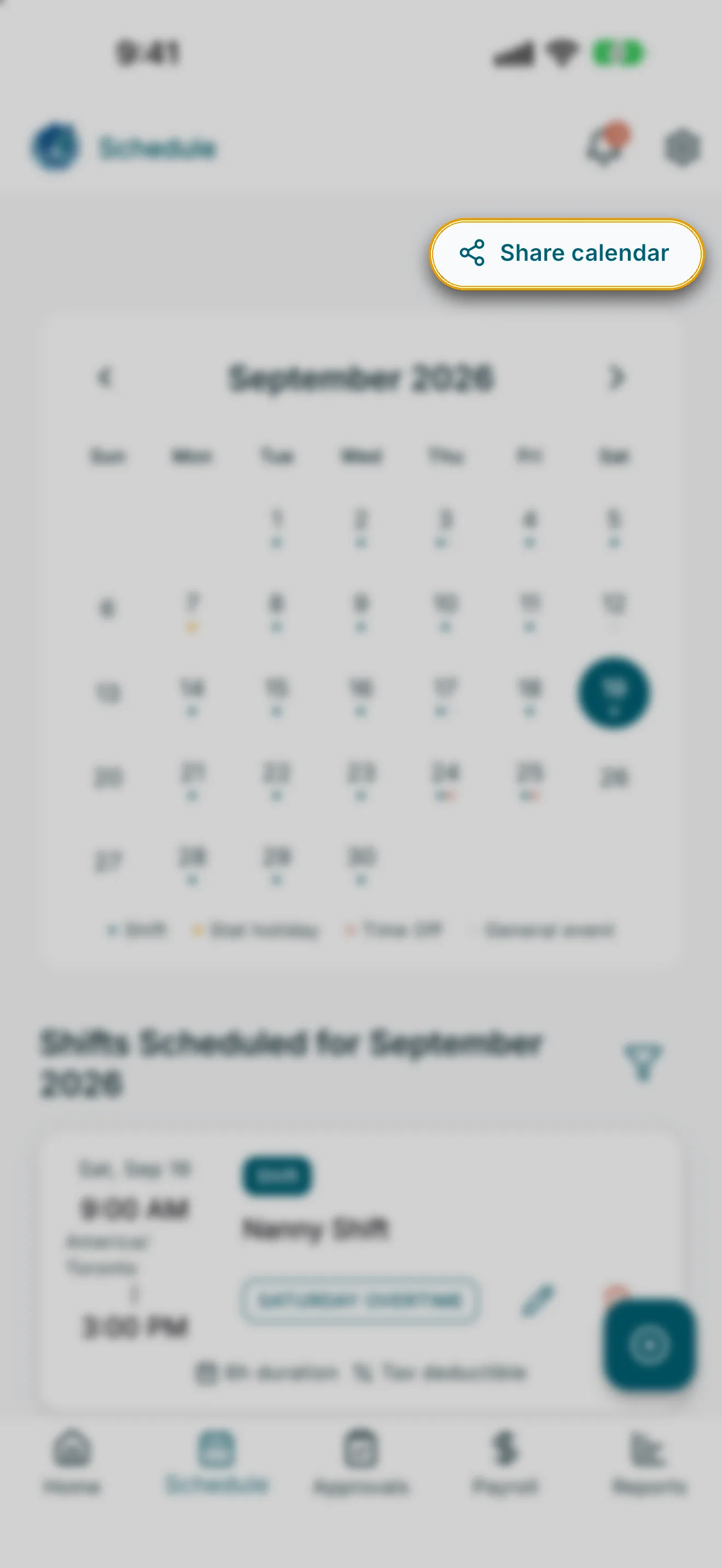 Schedule screen with Share calendar link highlighted