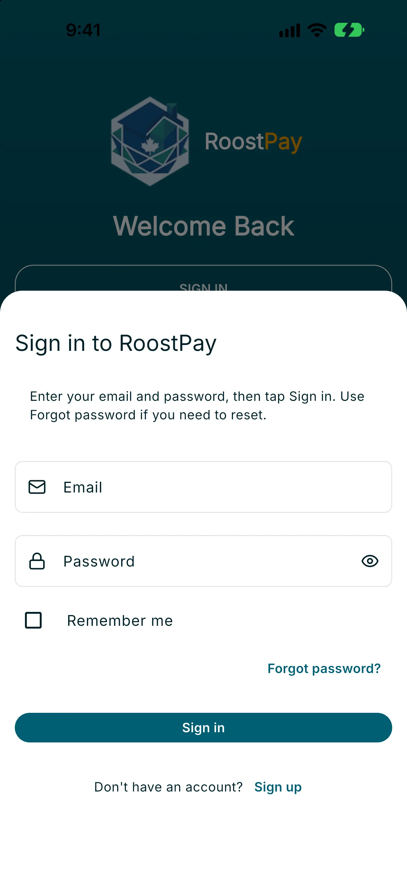 Sign in to RoostPay sheet with email and password fields