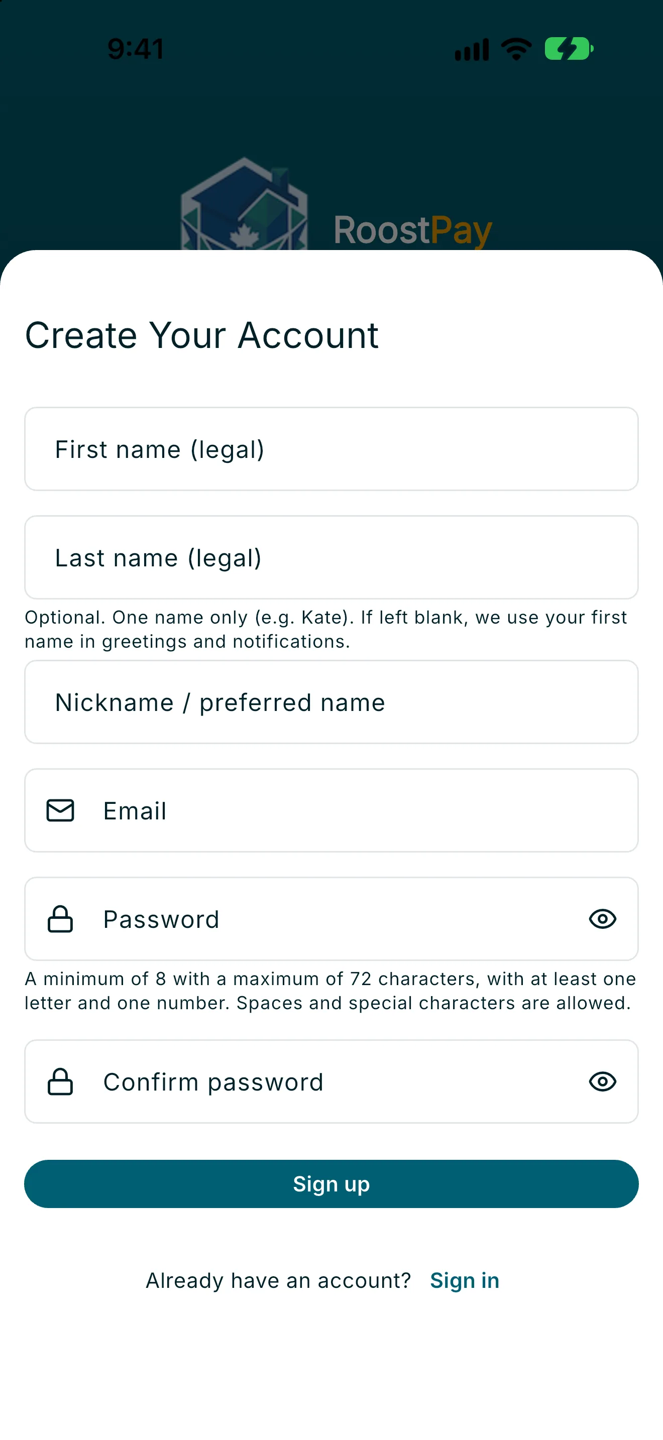 Create Your Account sign-up form with name, email, and password fields