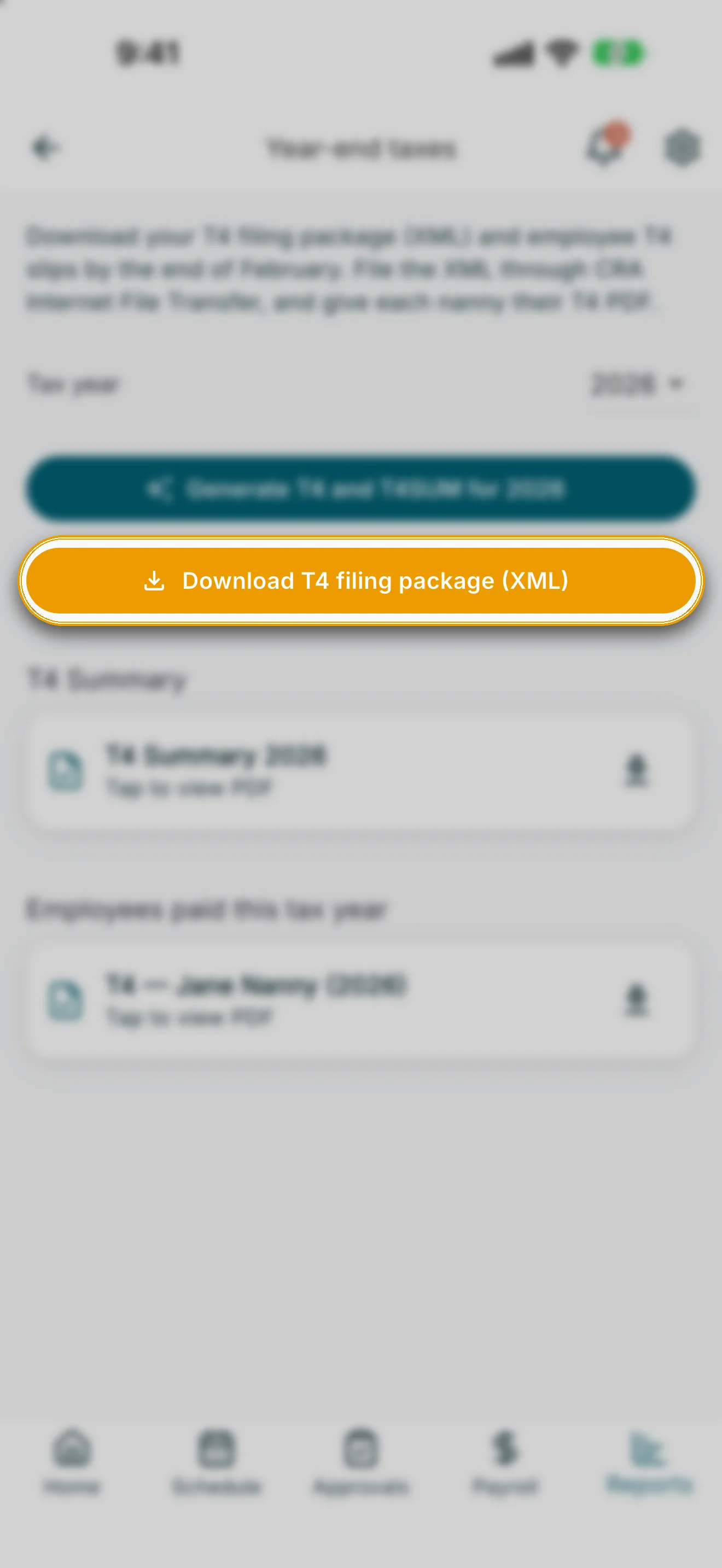 Year-end taxes screen with Download T4 filing package button highlighted