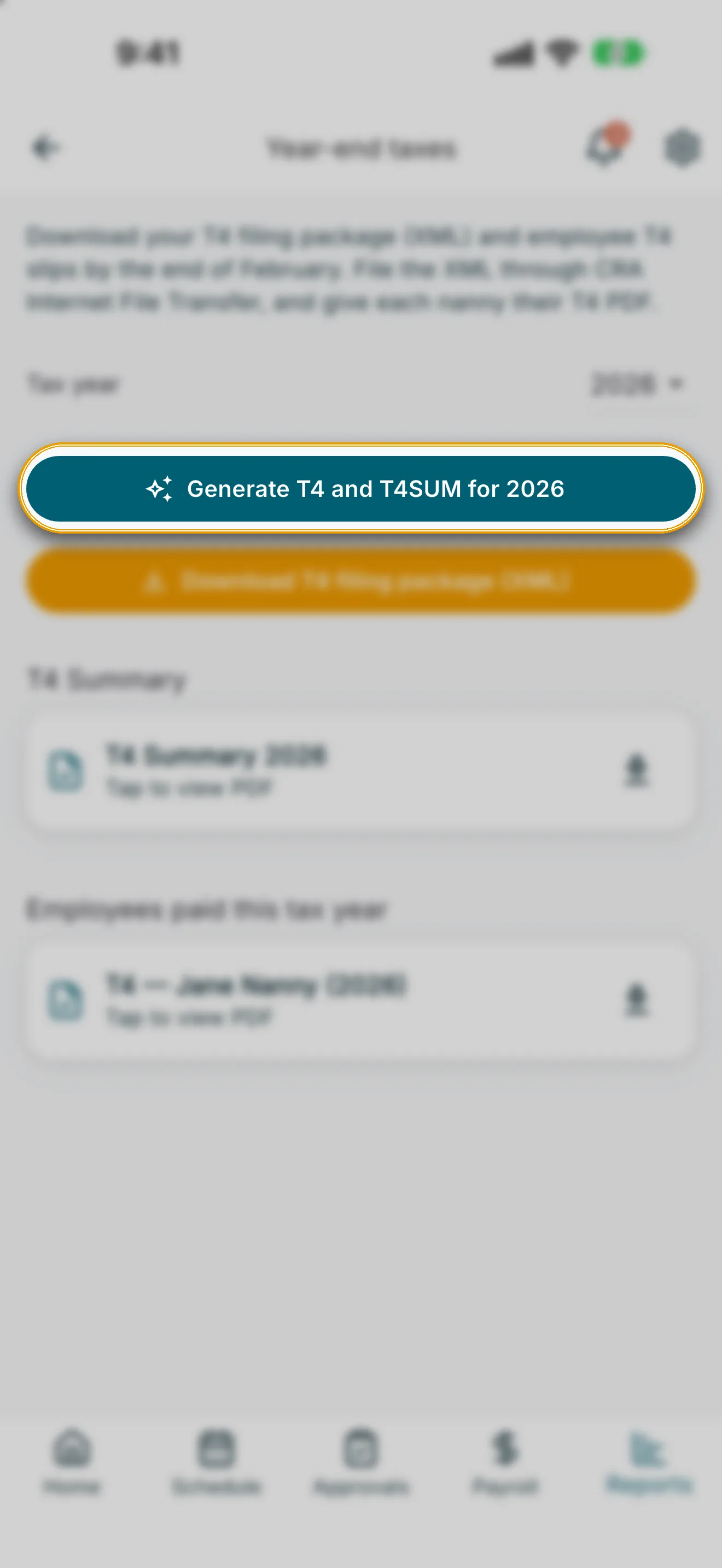 Year-end taxes screen with Generate T4 and T4SUM button highlighted