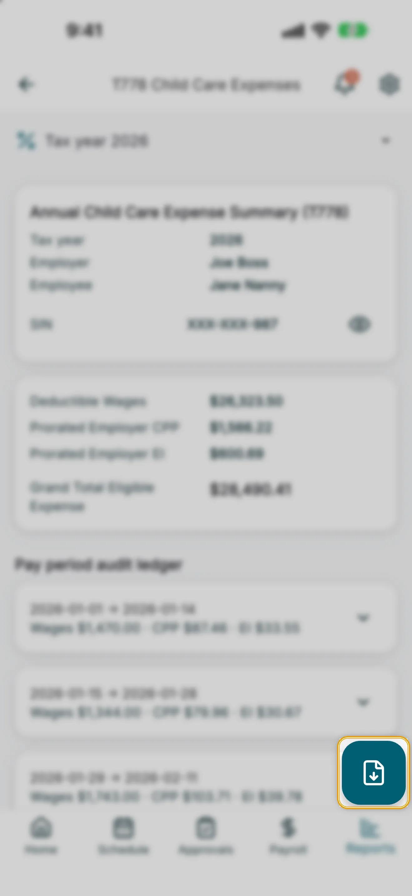 T778 Child Care Expenses report with the export PDF button highlighted
