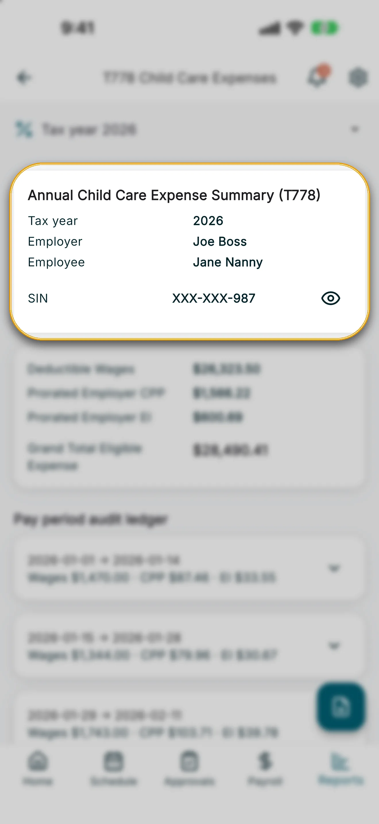 T778 Child Care Expenses report with the annual totals card highlighted