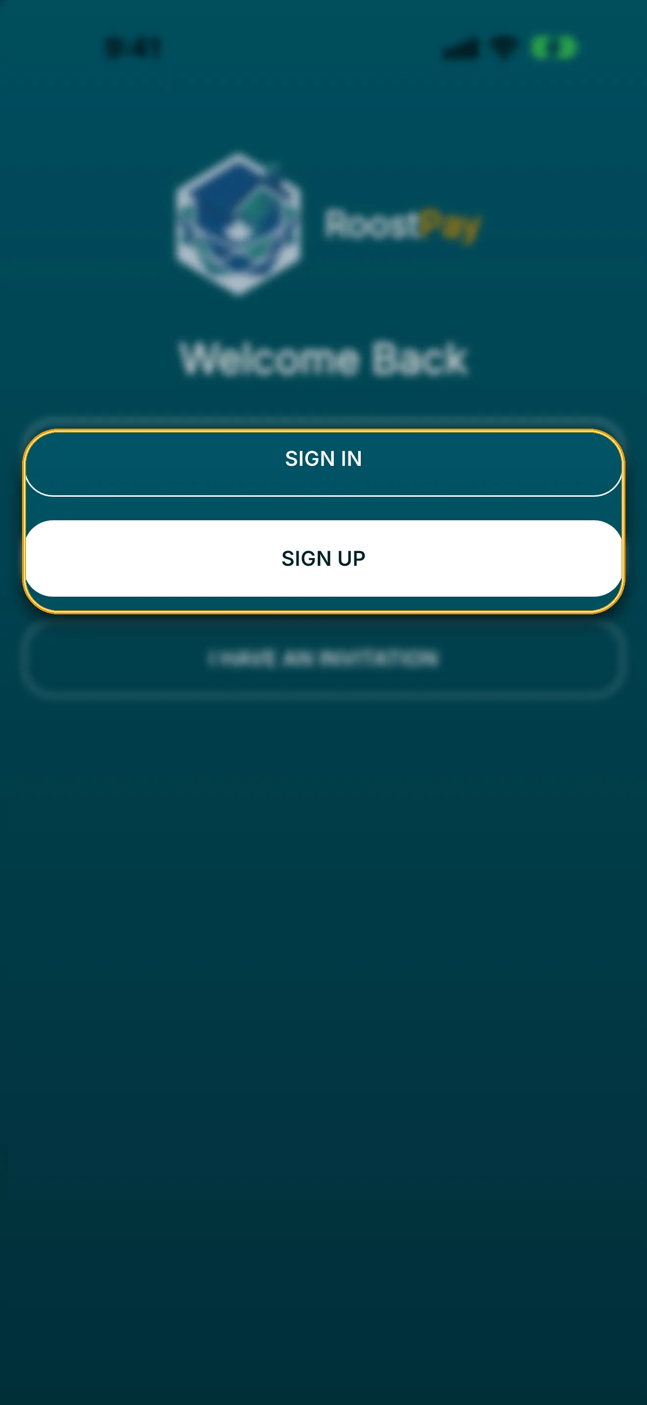 RoostPay welcome screen with Sign In and Sign Up buttons highlighted