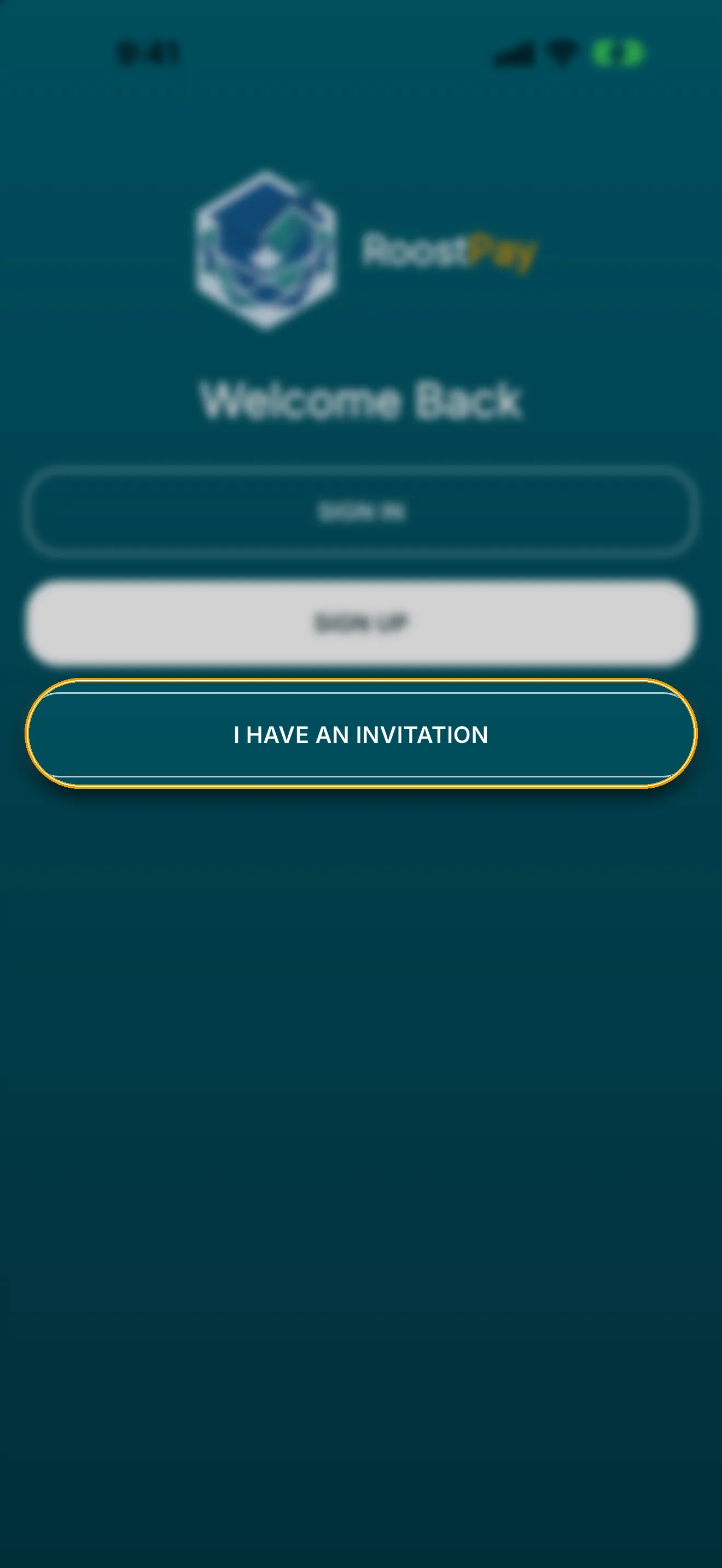 RoostPay welcome screen with I Have An Invitation button highlighted