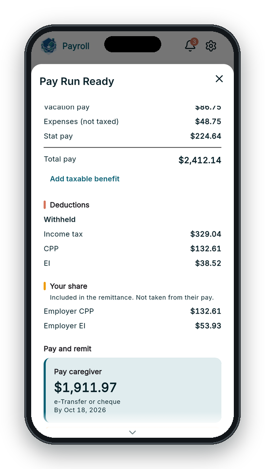 A RoostPay pay run showing vacation pay, stat pay, CPP, EI and income tax, and net pay of $1,911.97