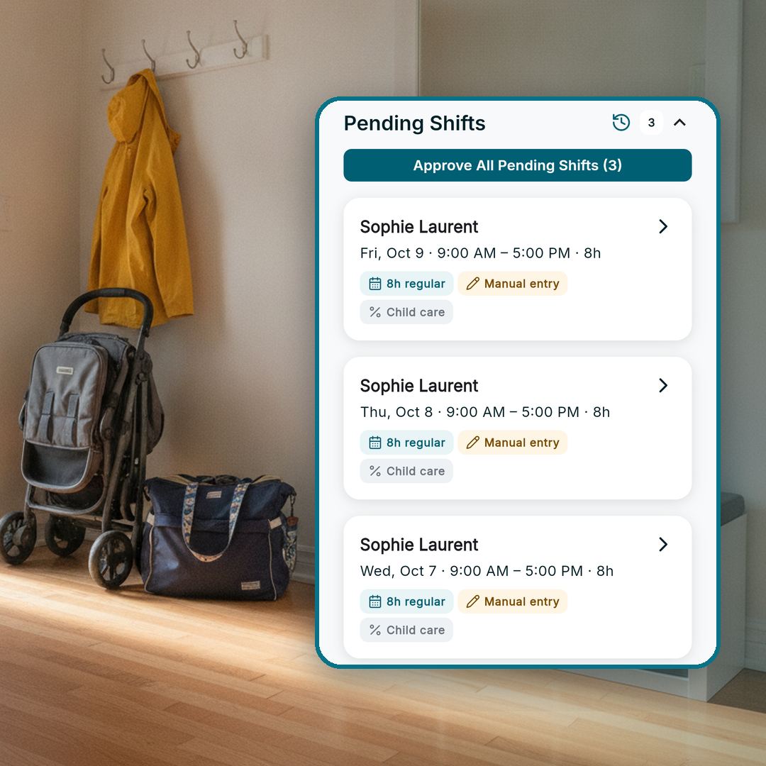 Three pending shifts for one nanny waiting for approval in RoostPay, in a front hallway with a stroller and a yellow rain jacket