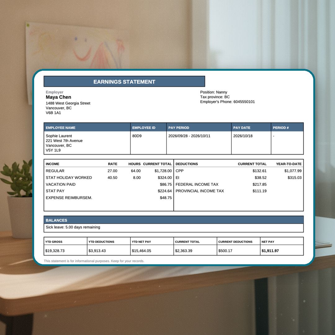 A nanny's earnings statement from RoostPay showing hours, stat holiday pay, vacation pay, deductions and net pay