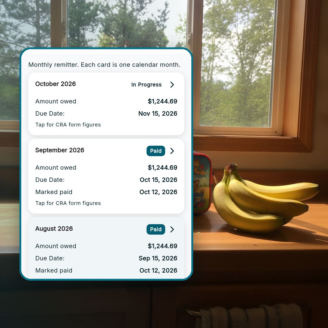 RoostPay remittance list showing the amount owed and due date for each month, on a sunny kitchen counter