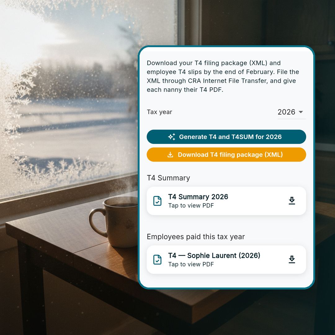 RoostPay year-end screen for preparing the T4 slip and T4 Summary, on a table by a frosty window